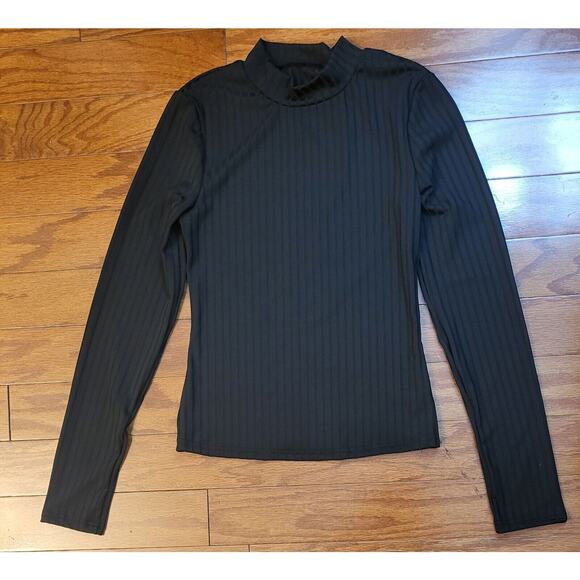 Womens Crop Shirt Black Ribbed Mock Neck Long Sleeve Size Small Stretchy - Picture 1 of 6